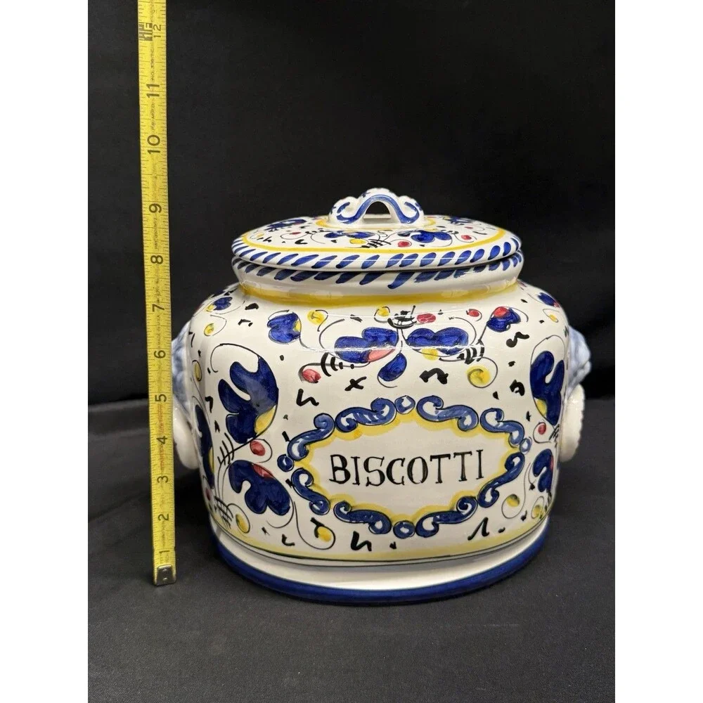 Deruta Italy Hand Painted Biscotti Large Oval Cookie Jar Canister Rooster VTG